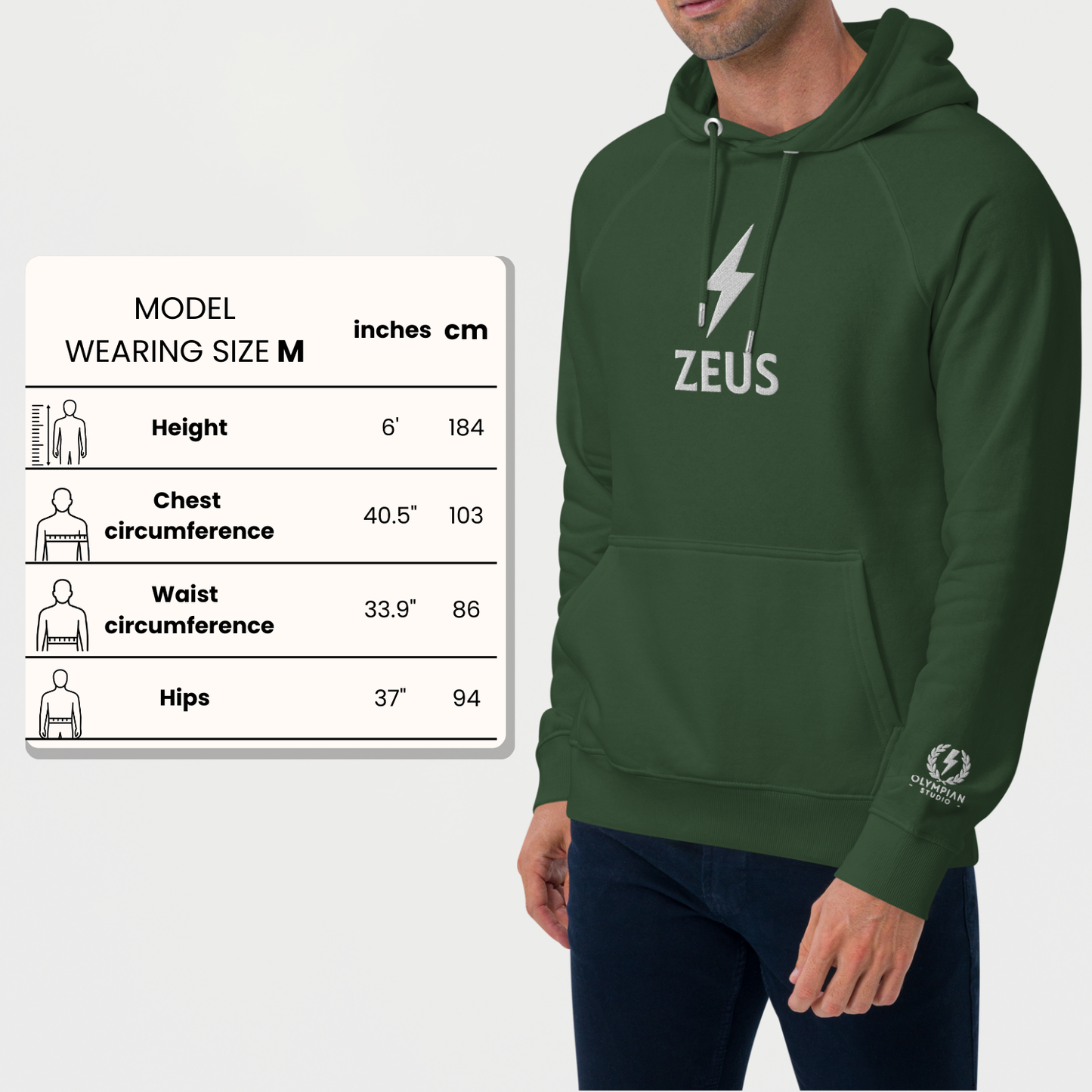 Zeus Bolt Hoodie – Embroidered Front – premium Greek mythology streetwear by Olympian Studio