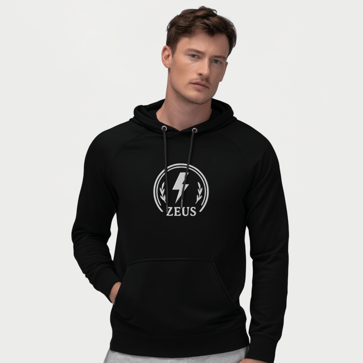 Zeus Bolt Hoodie – Embroidered Crest – premium Greek mythology streetwear by Olympian Studio