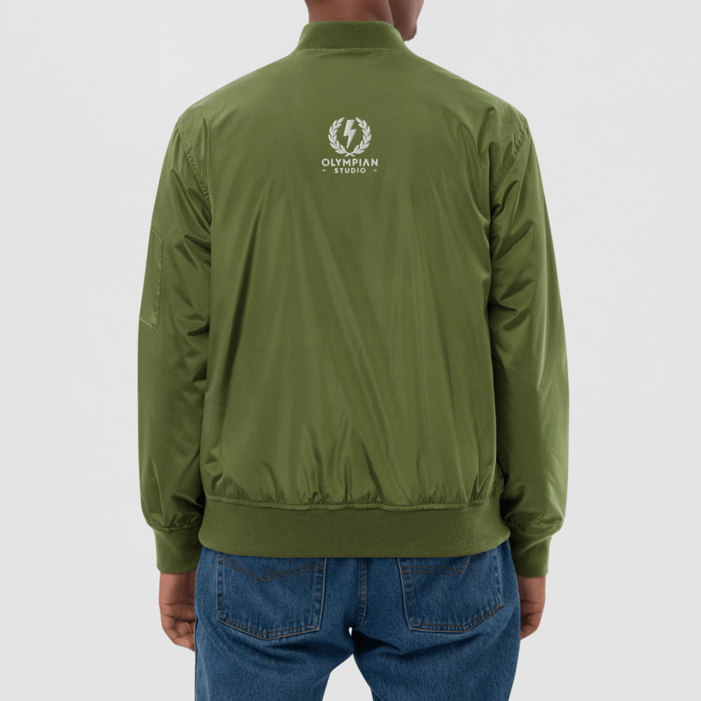 Green jacket with a logo on the back worn by a person, against a white background