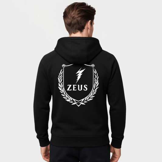 Zeus Crest Hoodie – Embroidered Front – premium Greek mythology streetwear by Olympian Studio