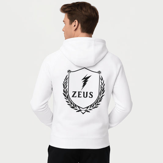 Zeus Crest Hoodie – Embroidered Front Z, Back Print Shield – premium Greek mythology streetwear by Olympian Studio